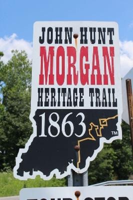 Official John Hunt Morgan Heritage Trail roadside sign in Indiana